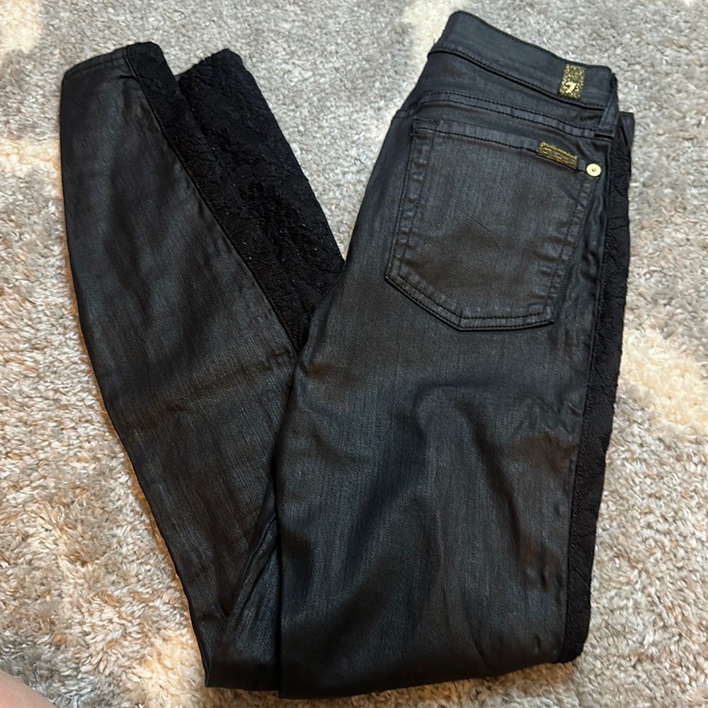 EUC 7 for all mankind black coated pants with lace tuxedo strip size 26